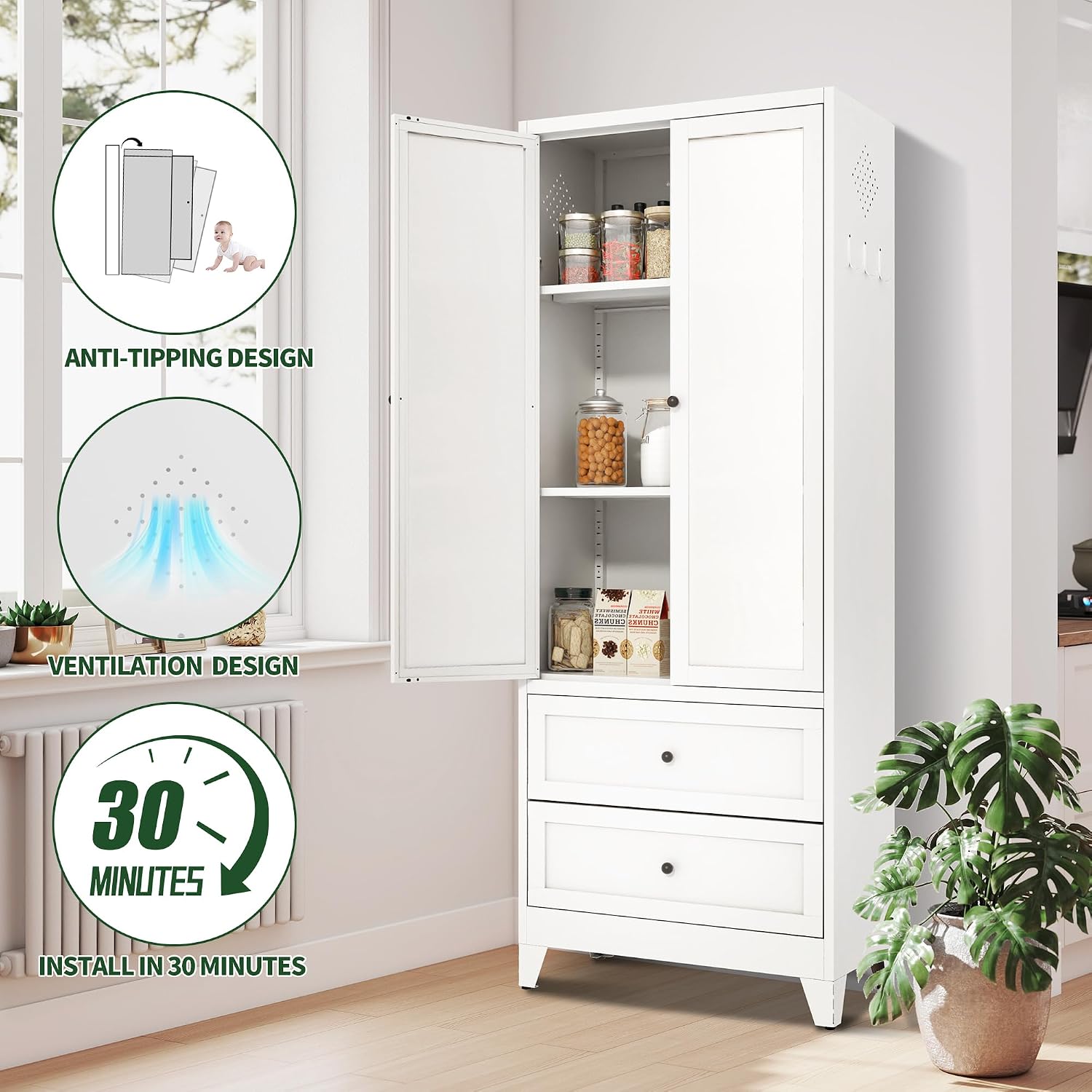 72' Tall Kitchen Pantry Cabinet,White Metal Pantry Cabinet with 2 Drawers & 2 Adjustable Shelves,Utility Storage Cabinet for Living Room,Garage,Basement