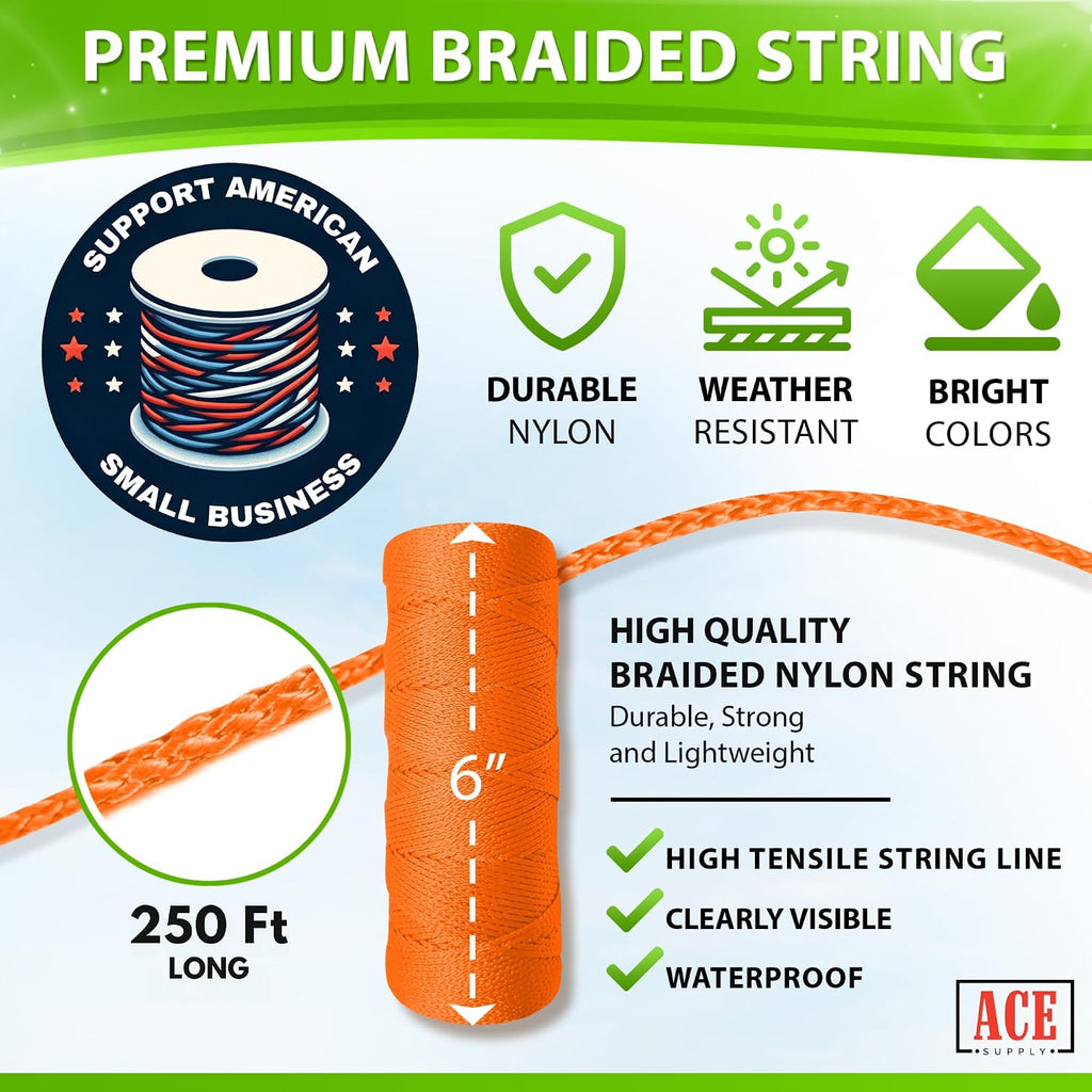 Orange Mason Line String Line - 144 Roll Pack - #18 Braided Nylon String - 250 Ft Length Per Roll - Nylon Twine for Gardening Or Masonry Tools - Perfect Construction String for A String Level