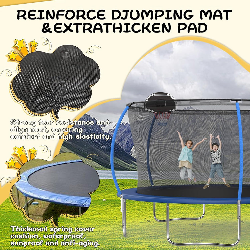 14FT Tranpoline for Kids with Safety Enclosure Net Recreational Round Tranpoline with Basketball Hoop ASTM Approval Backyard Outdoor Tranpoline with Spring Pad Cover & Ladder