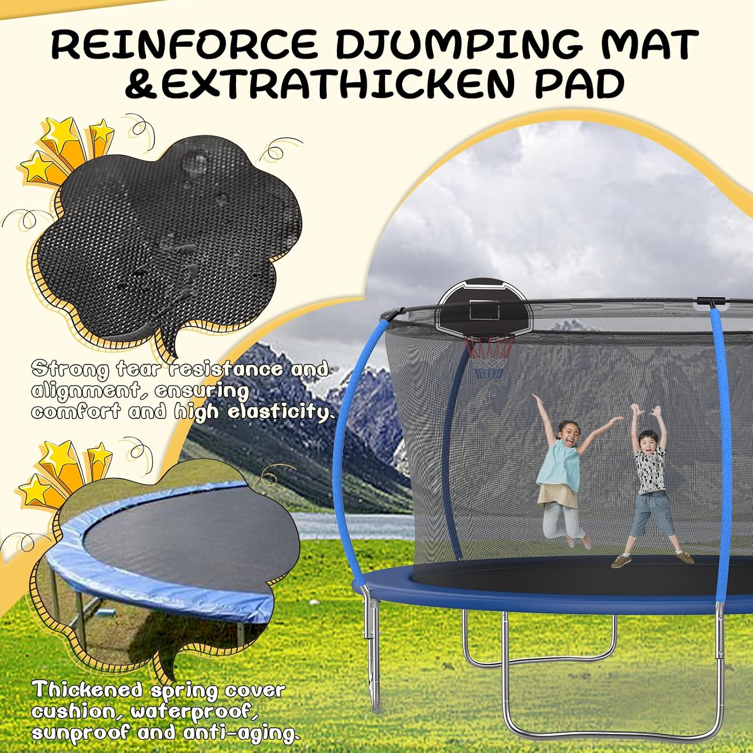 14FT Tranpoline for Kids with Safety Enclosure Net Recreational Round Tranpoline with Basketball Hoop ASTM Approval Backyard Outdoor Tranpoline with Spring Pad Cover & Ladder