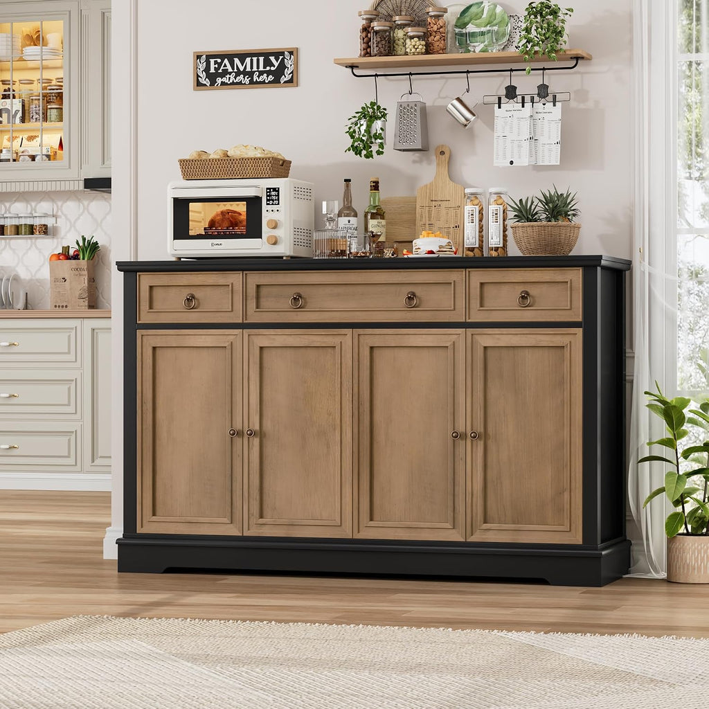 FINETONES Buffet Cabinet with Storage, 52.7' Large Sideboard Buffet Table, Kitchen Cabinet with 3 Drawers and 4 Doors, Wood Coffee Bar for Kitchen Dining Room, Black/Brown