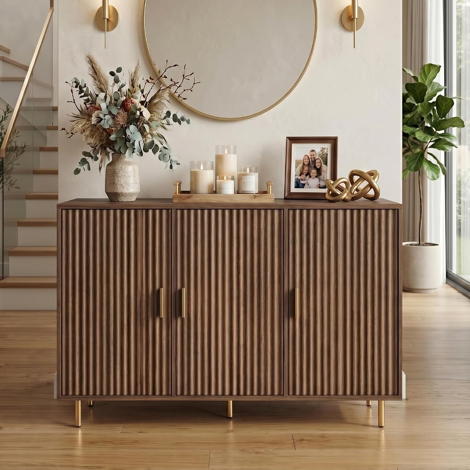 DIYART Rustic Brown Sideboard Buffet Cabinet, Accent Coffee Bar Cabinet with 3 Doors, Entryway Cabinet for Living Room, Kitchen, Hallway