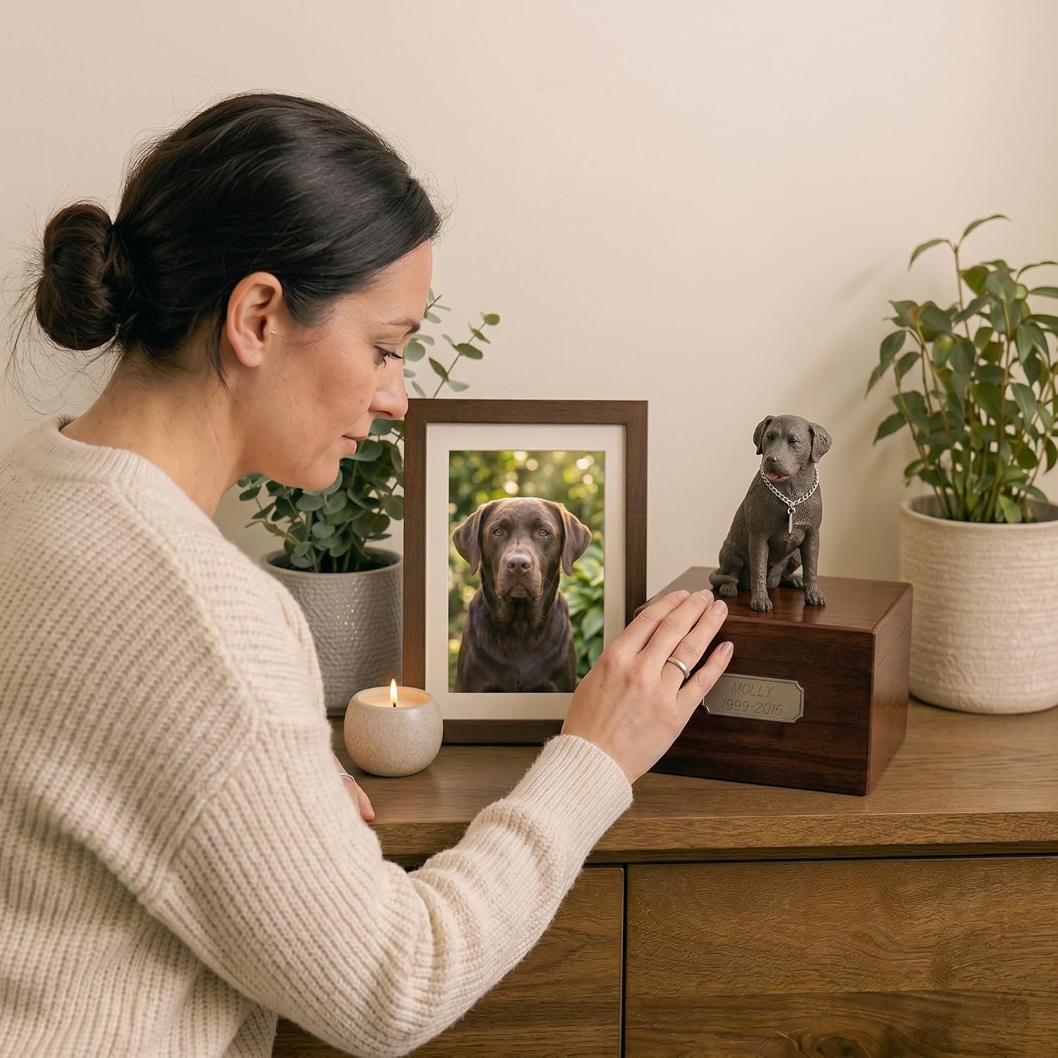 Wooden Dog Urn for Ashes with Chocolate Labrador Retriever Figurine | Personalized Pet Memorial Urn with Pewter Engraving | Lab Dog Memorial Gift with Silver Chain & Red Ball by Conversation