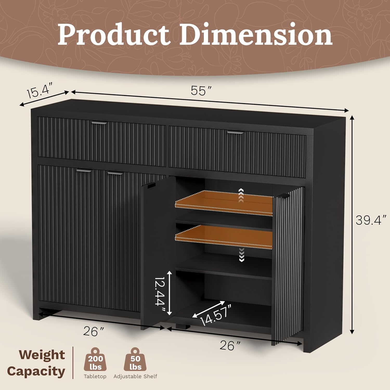 55' W Fluted Buffet Cabinet with Storage Accent Sideboard with 2 Drawers & 4 Doors,Wood Console Coffee Bar Table with Adjustable Shelves for Living Room,Kitchen and Dining Room