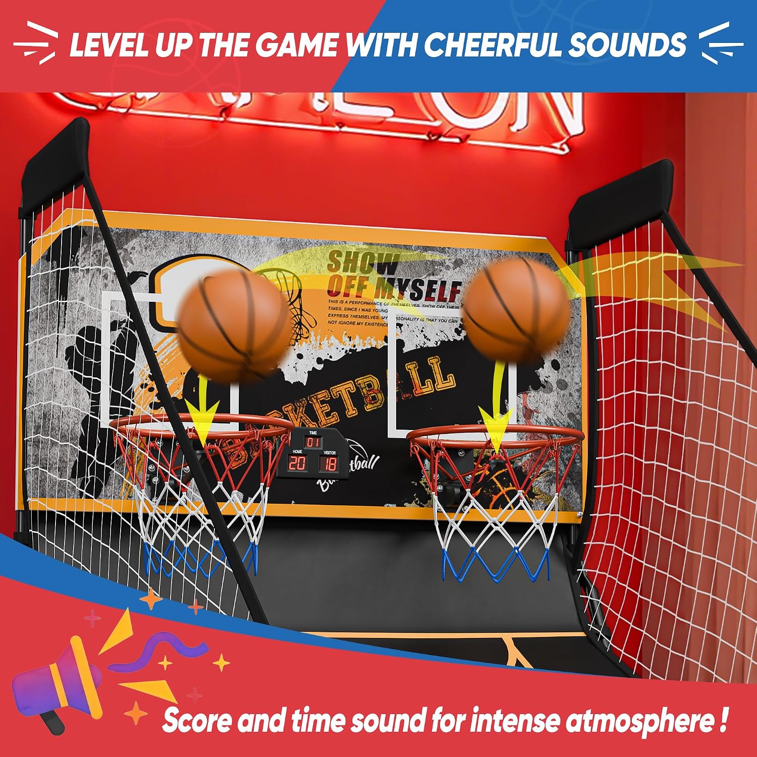 Nova Microdermabrasion Foldable Indoor Basketball Arcade Game Double Shot 2 Player W/ 4 Balls, Electronic Scoreboard and Inflation Pump (Black Gold)