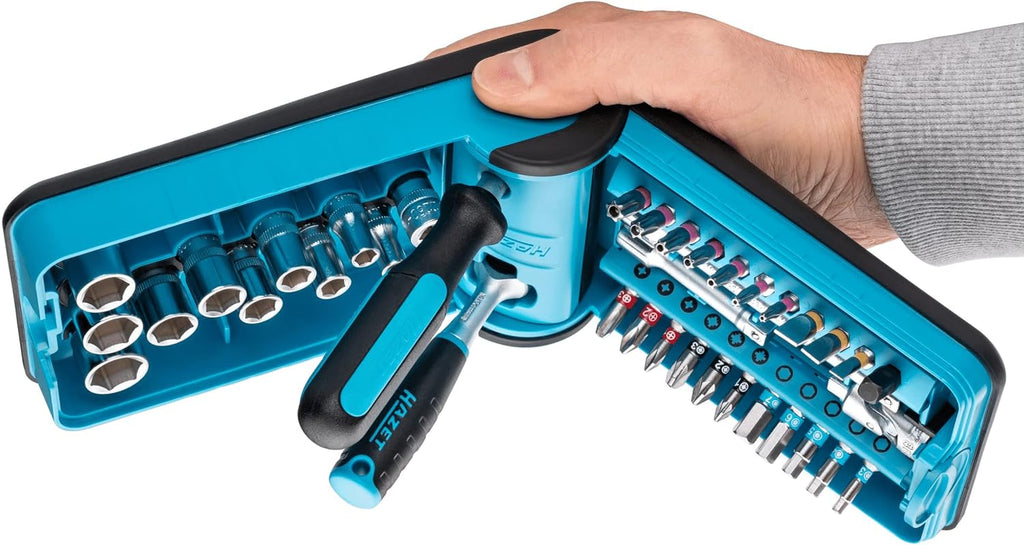 Hazet HiPer 863HP Fine Tooth Reversible Ratchet Set and 1/4 Inch Socket Handle, 10 Sockets, 21 Bits, Various Extensions and Adaptors 856-1HP, Black/Blue