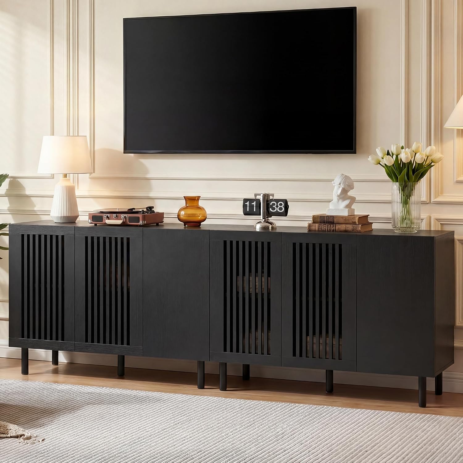 CHUWELL Modern Storage Cabinet, 47.2' Buffet Cabinet with 3 DIY Doors and Adjustable Shelf, Sideboard Coffee Bar with Solid Wood Feet for Kitchen,Dining Room,Living Room,Black