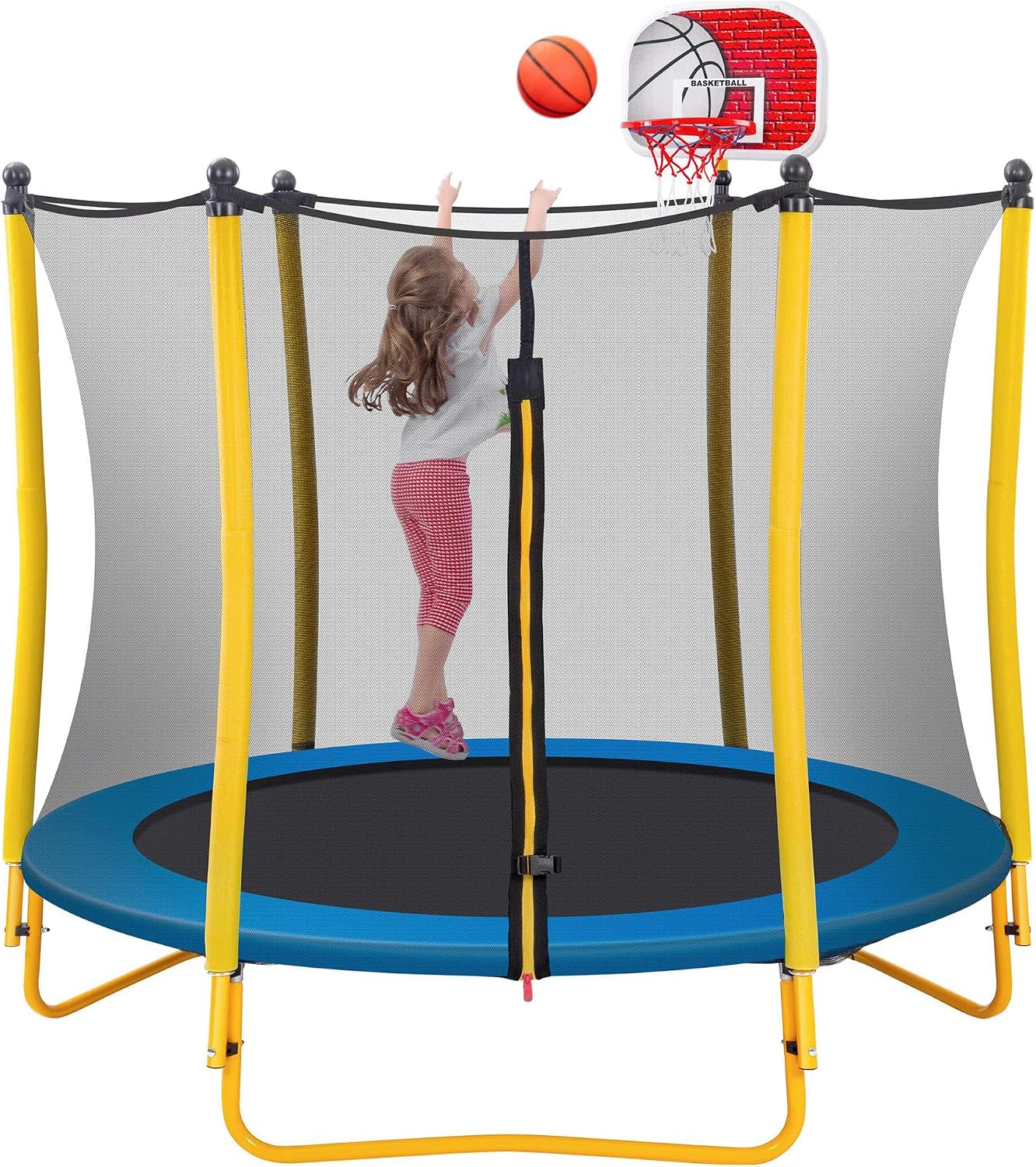 Merax 66'' Trampoline for Kids with Basketball Hoop, Rubber Ball and Enclosure Net