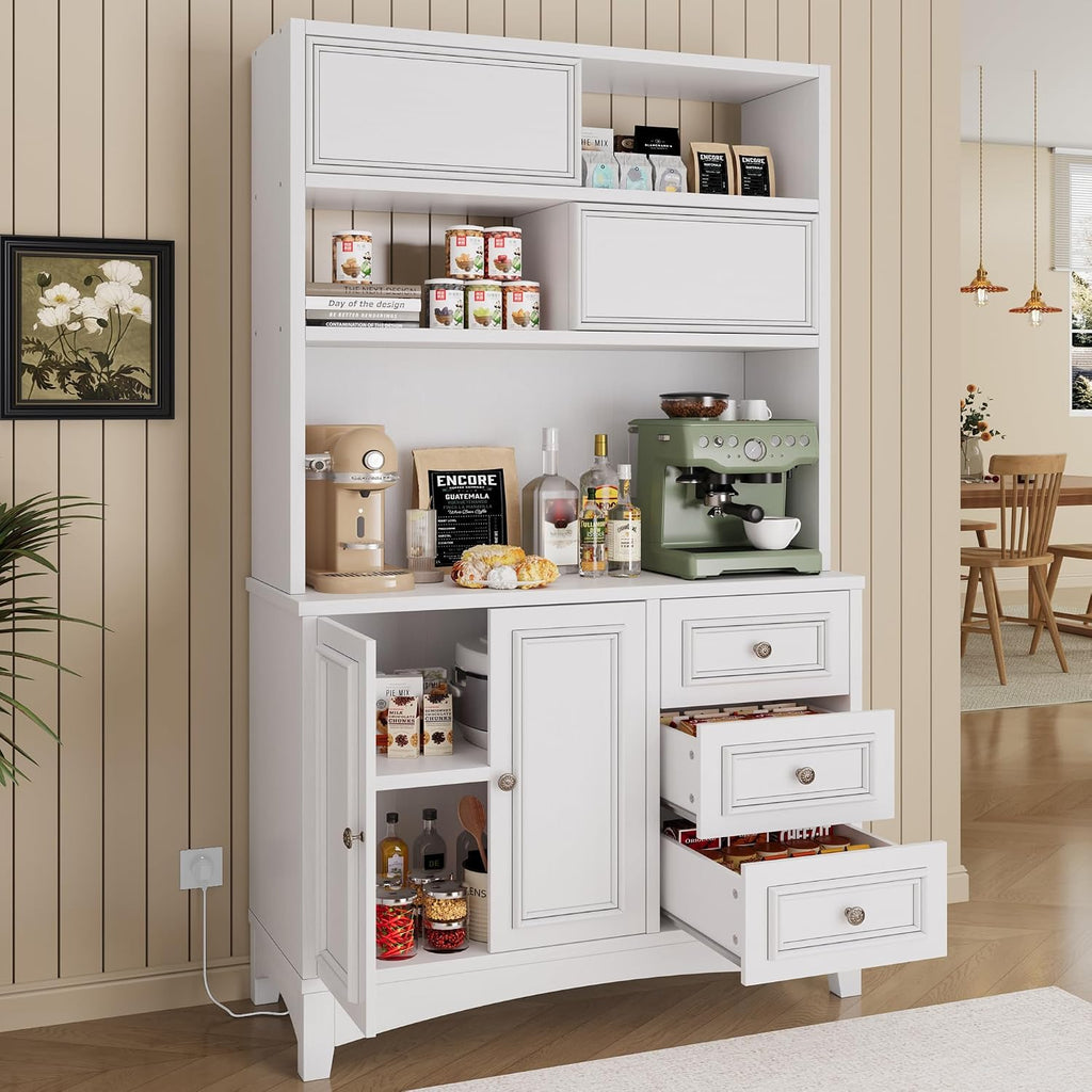 BLANKSPACE 71' Tall Kitchen Pantry Cabinet with Microwave Shelf Built-in Charging Station, Sliding Door Cabinet with Drawer Storage Organizer/Adjustable Shelves for Dining Room, Living Room