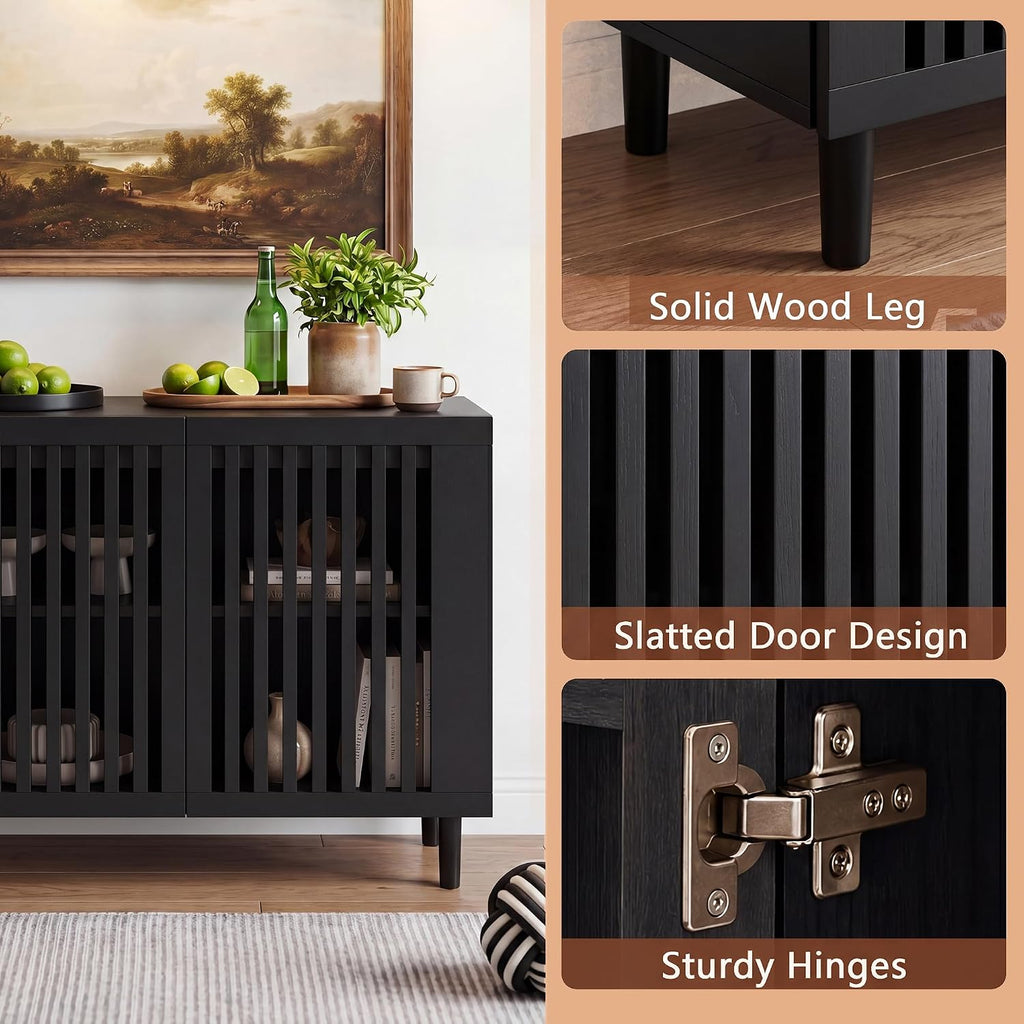 CHUWELL Modern Storage Cabinet, 47.2' Buffet Cabinet with 3 DIY Doors and Adjustable Shelf, Sideboard Coffee Bar with Solid Wood Feet for Kitchen,Dining Room,Living Room,Black