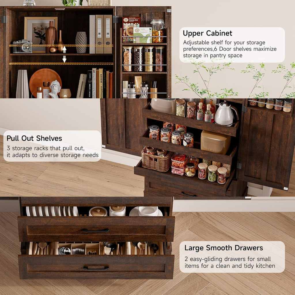 ONBRILL 71' Tall Farmhouse Kitchen Pantry Cabinet with 3 Pull Out Shelves & 2 Large Drawers, Pantry Storage Cabinet with 6 Door Shelf & Adjustable Shelf, Freestanding Cupboard for Kitchen, Dining Room