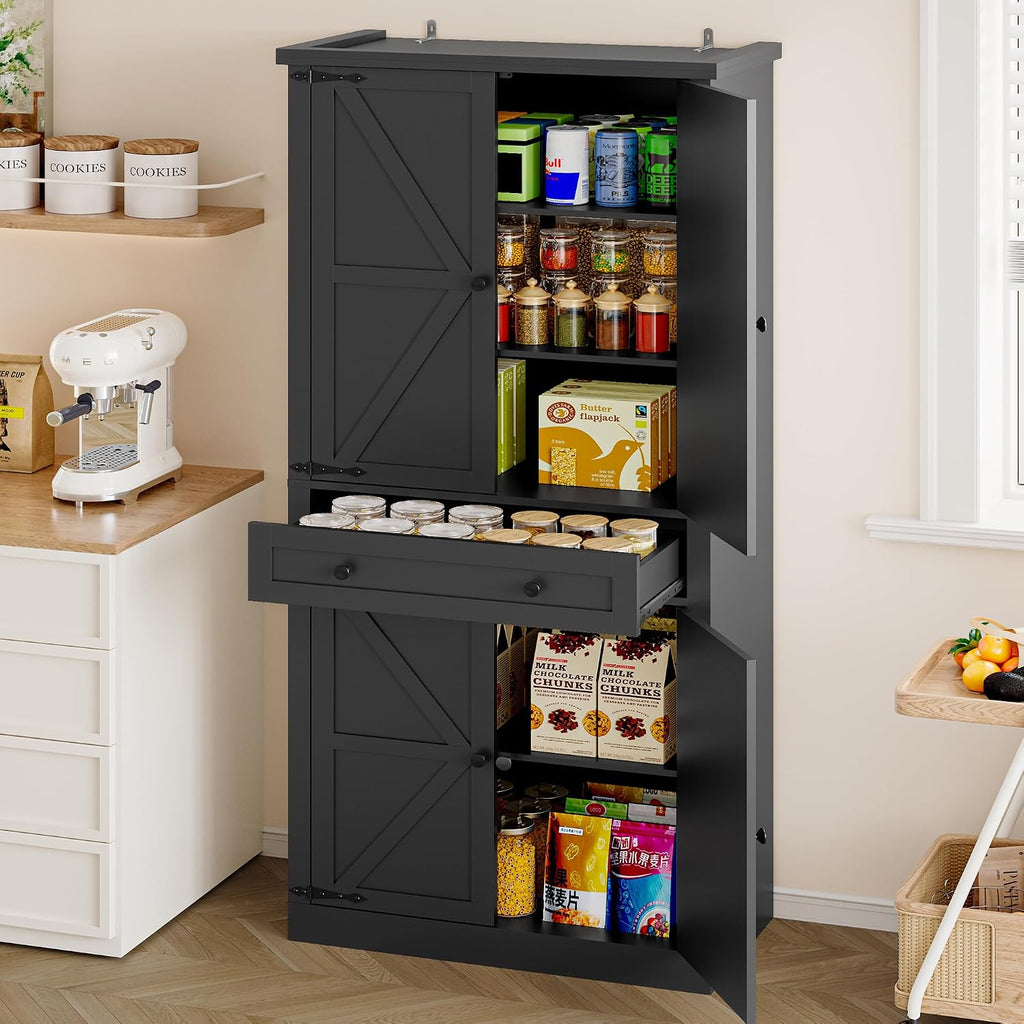 BORNOON Pantry Organizers and Storage Cabinet, 67.7' Barn Door White Kitchen Cabinet with Drawers and Adjustable Shelf, Tall Pantry for Kitchen, Dining Room, Living Room