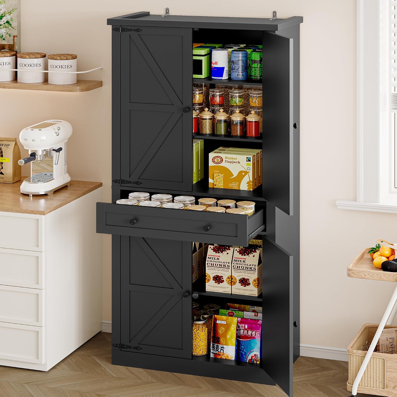 BORNOON Pantry Organizers and Storage Cabinet, 67.7' Barn Door White Kitchen Cabinet with Drawers and Adjustable Shelf, Tall Pantry for Kitchen, Dining Room, Living Room