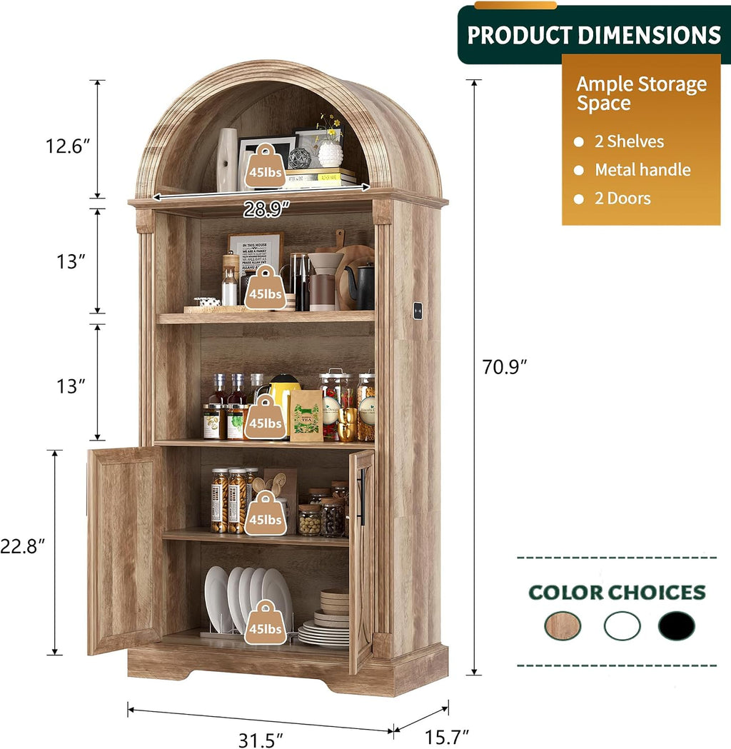 Vlsrka Arched Cabinet, Kitchen Pantry Cabinets with Open & Adjustable Shelves, Induction 3 Color Lights (Brown 2 PCS)