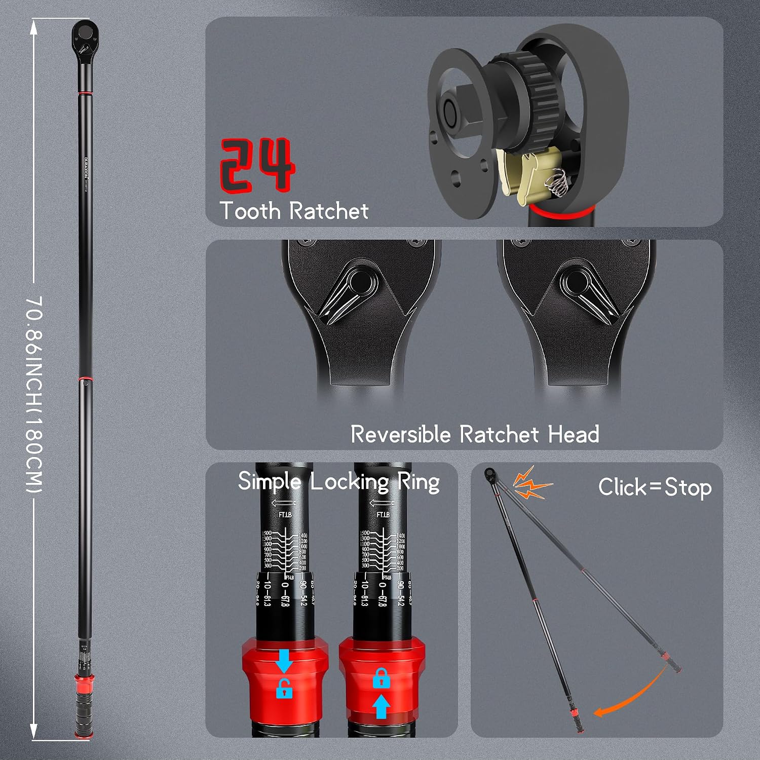 1-Inch Drive Torque Wrench 200-1500ft.lb/271.0-2032.5Nm, ±3% Precision Dual Direction Torque Wrenches with 24-Tooth Dual Range Scales with Ft.Lbs and N.m