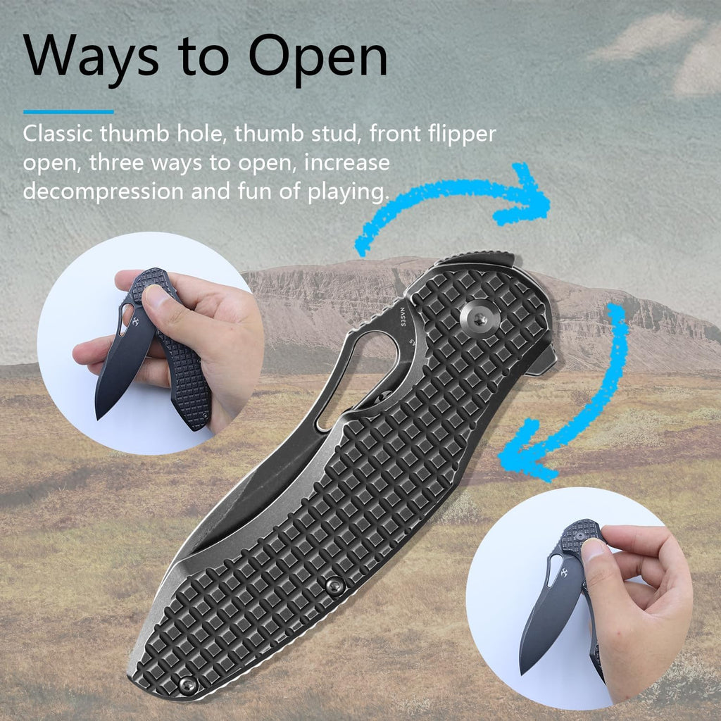 KANSEPT Echis Pocket Folding Knives for Men Women Camping Hiking Folding Knife 3.45'' Black Stonewashed CPM S35VN Blade with Blackwash Titanium with Frag Pattern Handle Everyday Carry K1071A5