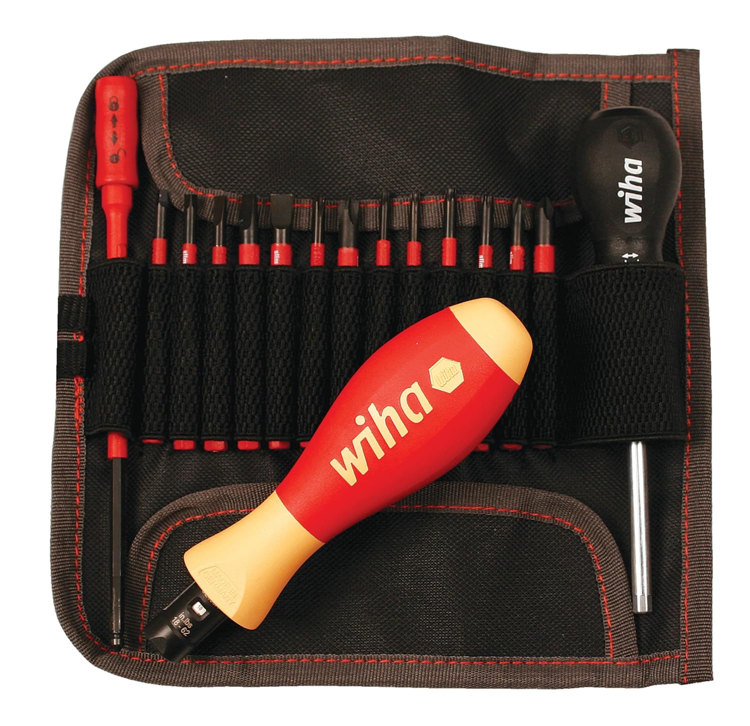 Wiha 28792 Insulated Torque Control Driver & SlimLine Blade Set, 16 Piece, 18–62 in-lb, Slotted, Phillips, Torx & Square, 1000V VDE