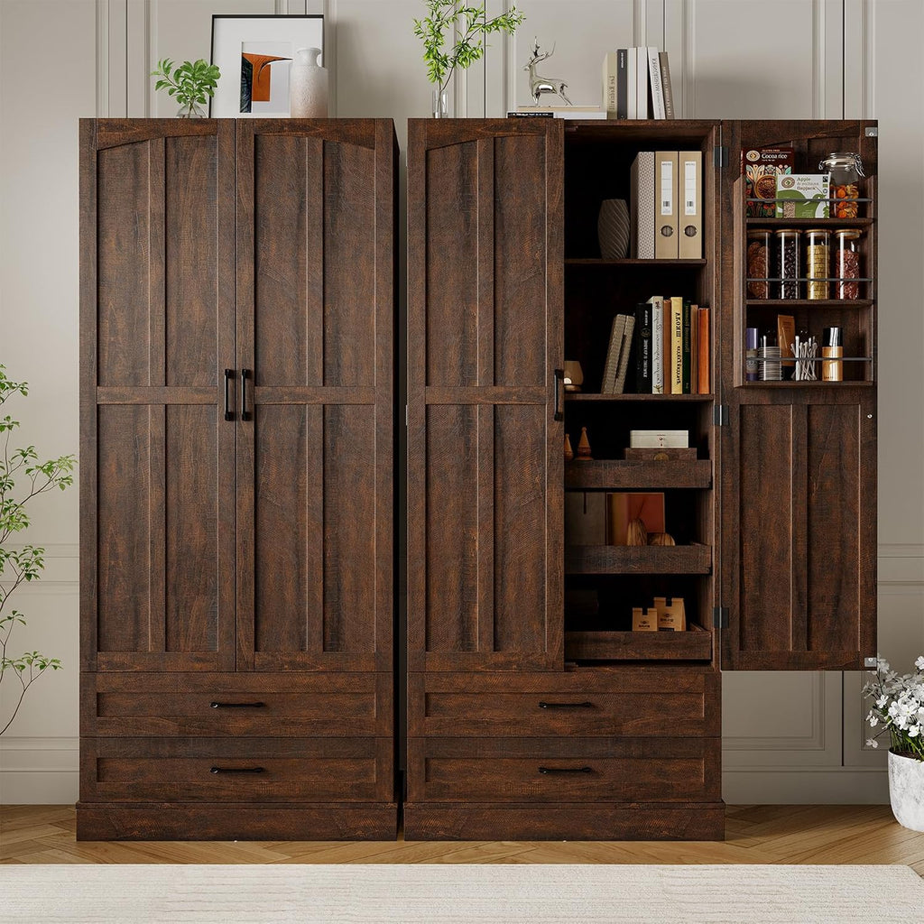 ONBRILL 71' Tall Farmhouse Kitchen Pantry Cabinet with 3 Pull Out Shelves & 2 Large Drawers, Pantry Storage Cabinet with 6 Door Shelf & Adjustable Shelf, Freestanding Cupboard for Kitchen, Dining Room