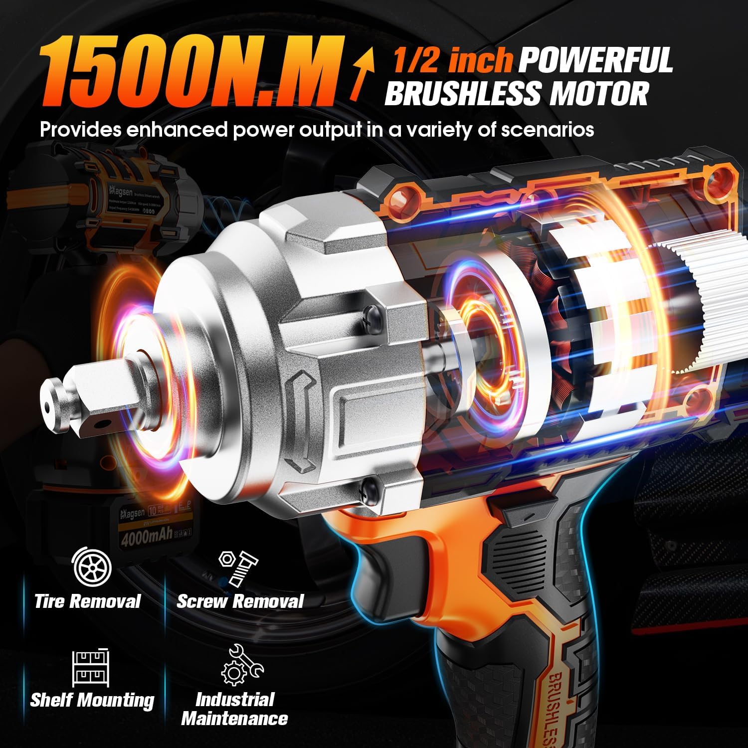 1500N.m Impact Wrench, 1/2' High Torque 1107ft-lbs Cordless Impact Gun with 2 x 4.0Ah Battery, 21V Power Impact Driver with 5 Sockets,LED Light,Electric Impact Truck RV Car Heavy Construction