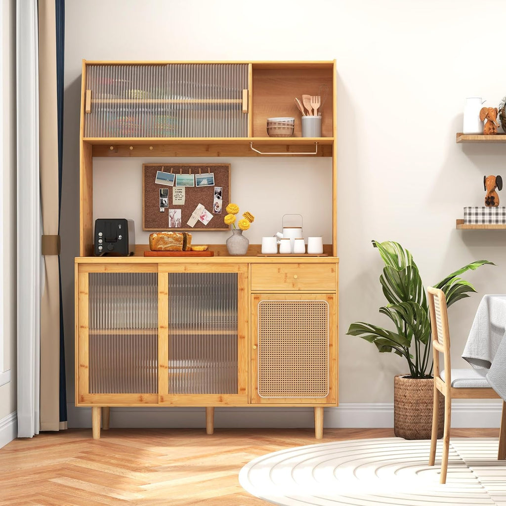 Giantex Pantry Cabinet, 69' Bamboo Hutch Cabinet with Storage, Drawer, Microwave Countertop, Glass Holder, Freestanding Buffet Sideboard with Rattan Door, Tall Cupboard for Kitchen Coffee Bar