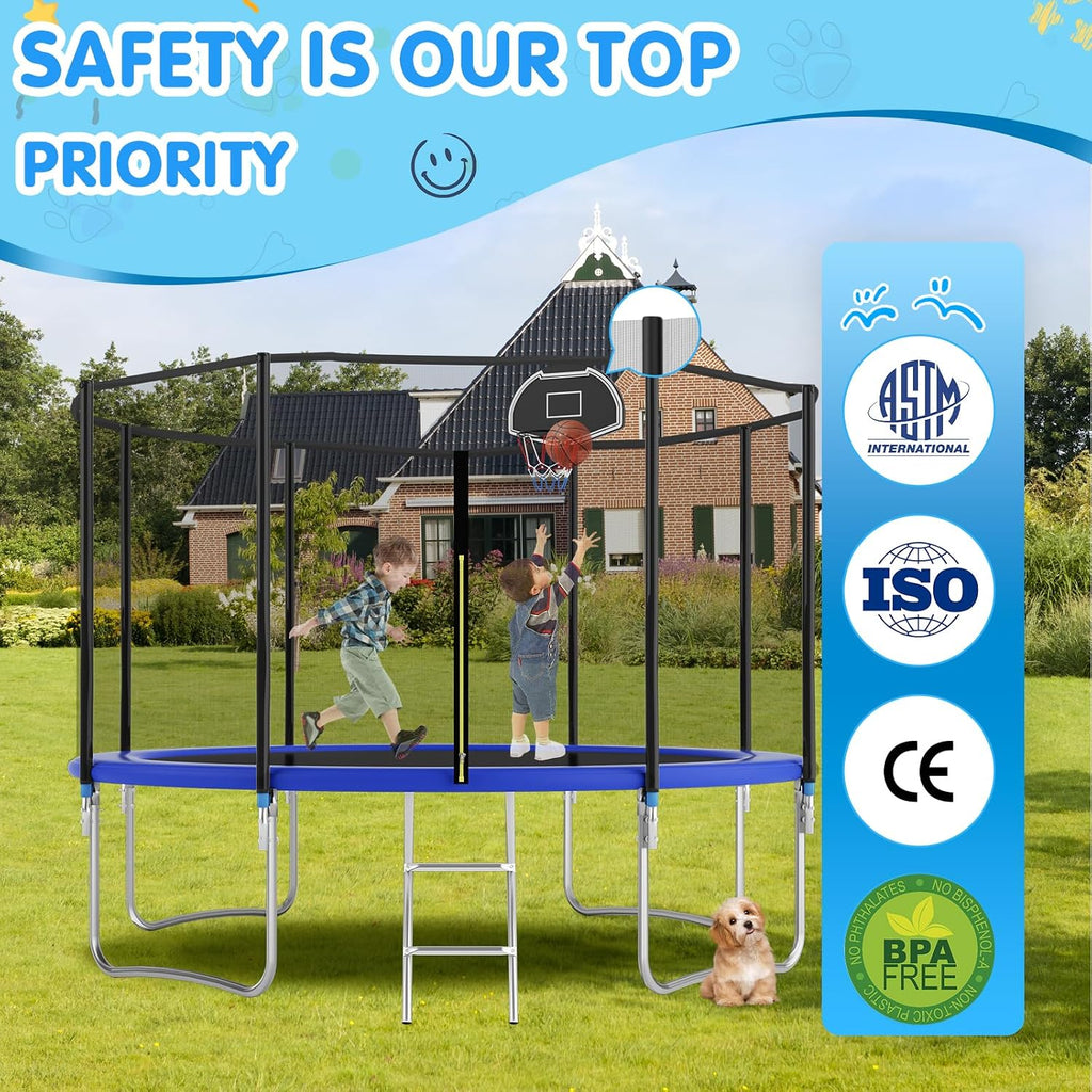 Tranpoline Outdoor 10FT 12FT 14FT 16FT Tranpoline for Kids & Adults,Recreational Tranpoline with Basketball Hoop,Safety Enclosure Net & Ladder
