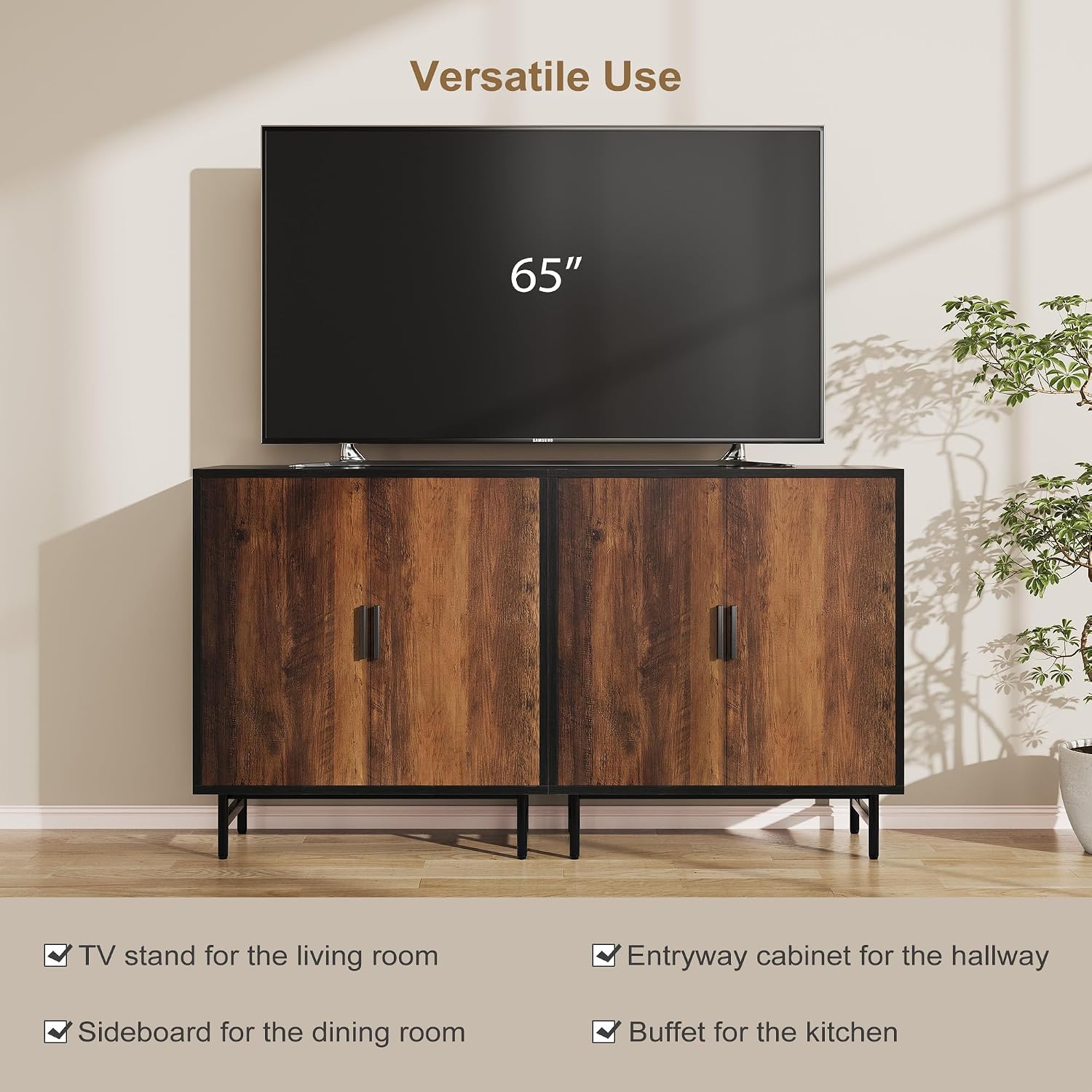 63' Sideboard Buffet Cabinet with Storage, Kitchen Storage Cabinet with Adjustable Shelf, 4-Door Console Table Accent Cabinet for Living Dining Room Entryway Hallway Credenza Coffee Liquor Bar, Rustic