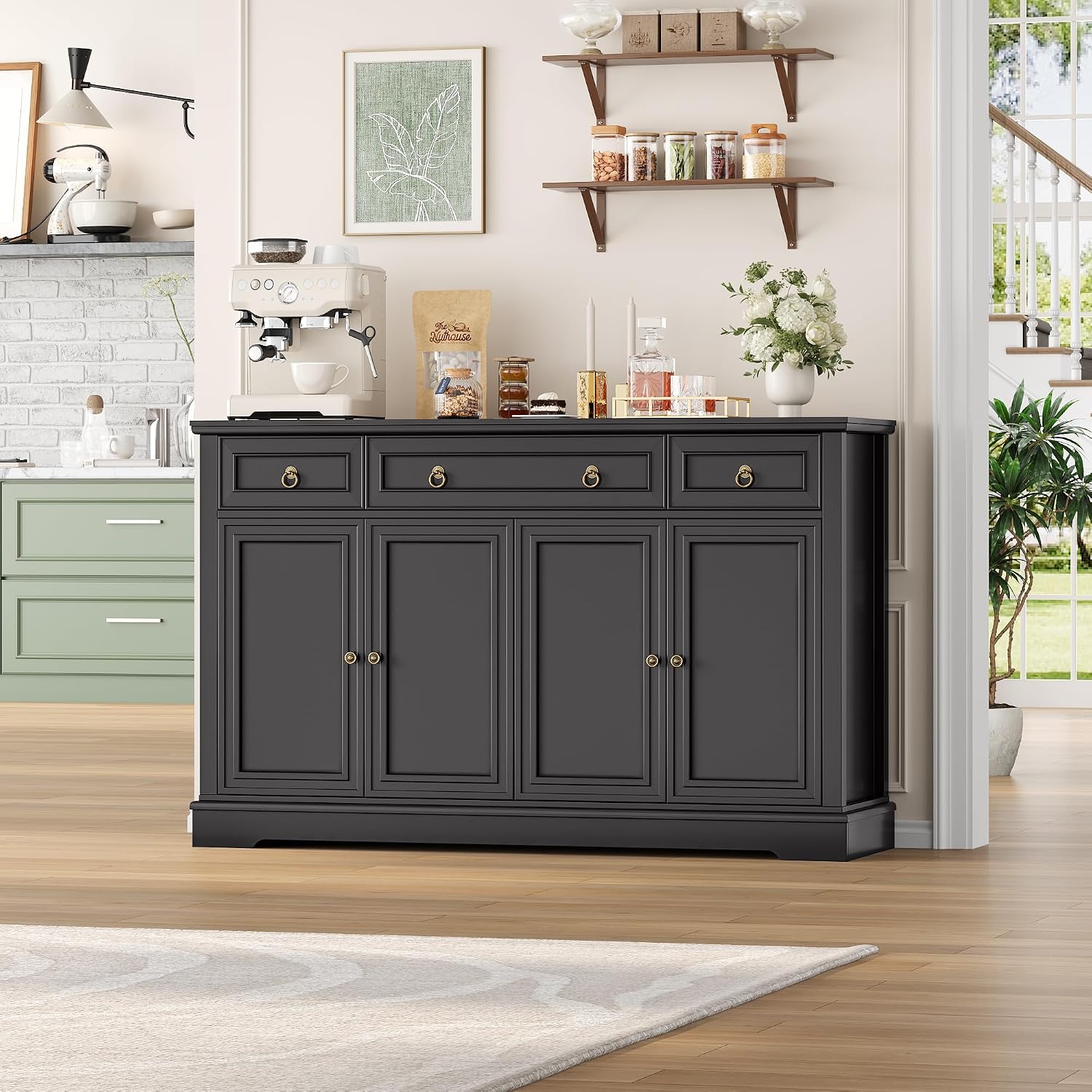 FINETONES Buffet Cabinet with Storage, 52.7' Large Sideboard Buffet Table, Black Kitchen Cabinet with 3 Drawers and 4 Doors, Wood Coffee Bar for Kitchen Dining Room, Black