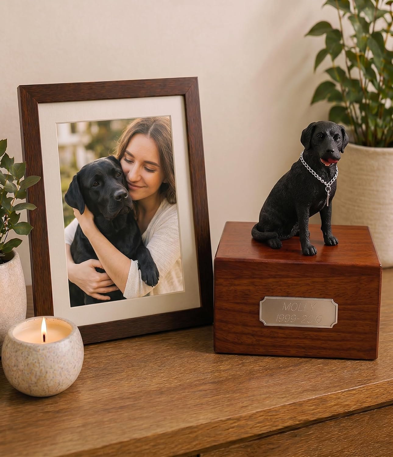 Wooden Dog Urn for Ashes with Black Labrador Retriever Figurine | Personalized Pet Memorial Urn with Pewter Engraving | Lab Dog Memorial Gift with Silver Chain & Red Ball by Conversation Concepts