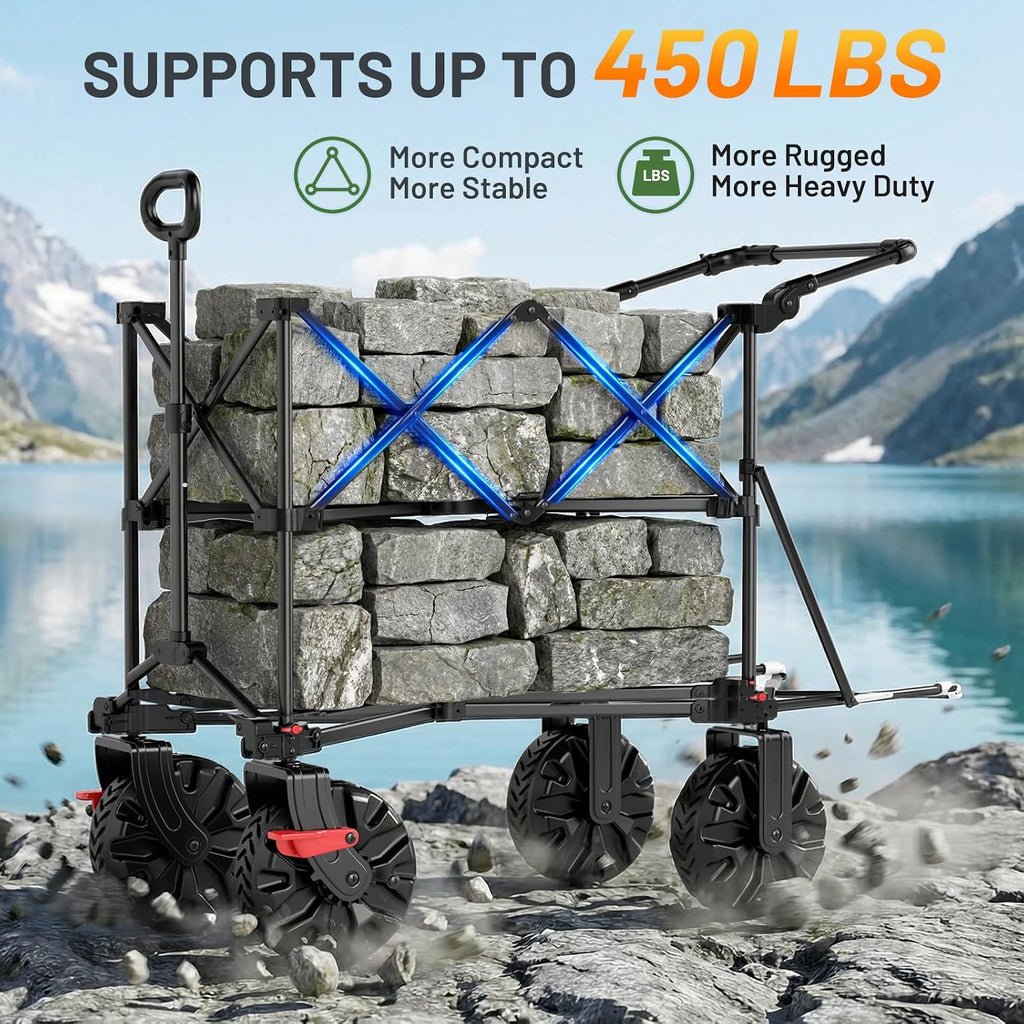 TIMBER RIDGE Push & Pull Double Decker Wagon, 400L Large Capacity Heavy Duty & 450lb Load, Collapsible Cart with All-Terrain Wheels & Brakes, 54' Extended Foldable for Sports, Beach, Camping, Grey