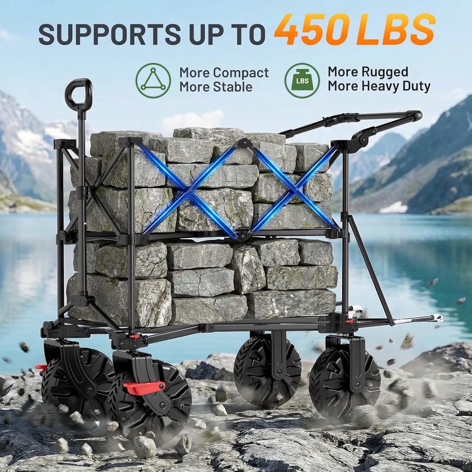 TIMBER RIDGE Push & Pull Double Decker Wagon, 400L Large Capacity Heavy Duty & 450lb Load, Collapsible Cart with All-Terrain Wheels & Brakes, 54' Extended Foldable for Sports, Beach, Camping, Grey