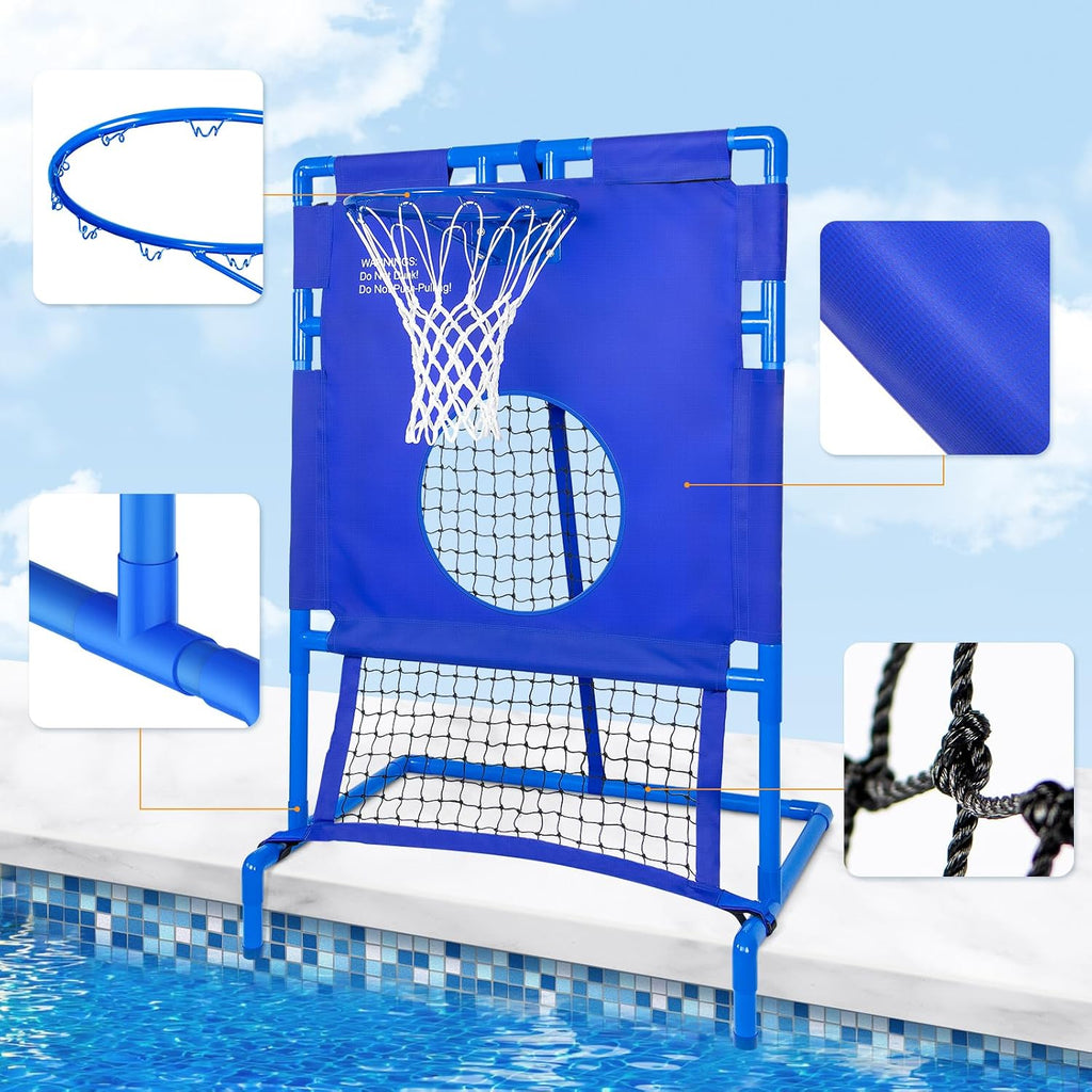 Pool Basketball Hoop ＆ Football Target Net 2-in-1 Set, for Various Fun Game, 6 Balls Included, Settle Your Summer Party
