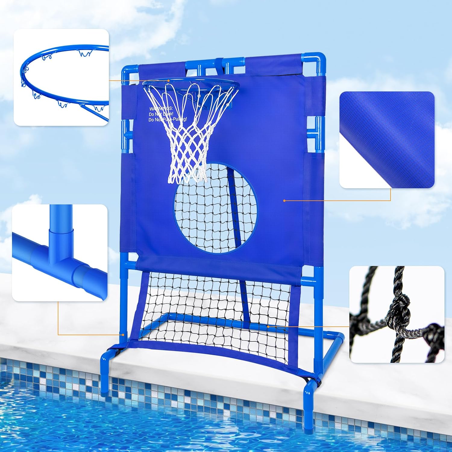Pool Basketball Hoop ＆ Football Target Net 2-in-1 Set, for Various Fun Game, 6 Balls Included, Settle Your Summer Party