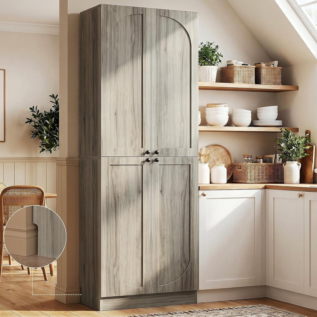 Cyclysio 80' Kitchen Pantry, Extra Tall Arch Storage Cabinet with 4 Soft Close Doors and Adjustable Shelves, Freestanding Wood Cupboard with Seamless Fit Wall for Dining Living Room Bathroom Furniture