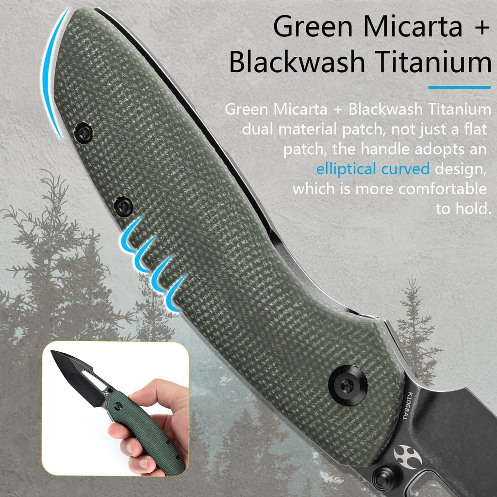 KANSEPT Link Pocket Folding Knives EDC Camping Hiking Folding Knife for Men Women 3'' Blackwash CPM 20CV Blade with Green Micarta Blackwash Titanium with Frag Pattern Handle Everyday Carry K1068A1