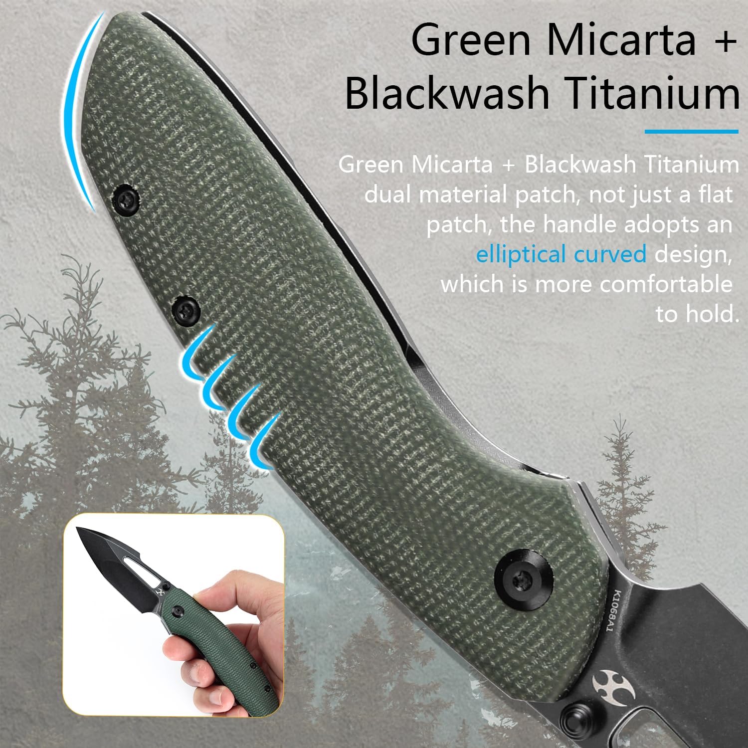 KANSEPT Link Pocket Folding Knives EDC Camping Hiking Folding Knife for Men Women 3'' Blackwash CPM 20CV Blade with Green Micarta Blackwash Titanium with Frag Pattern Handle Everyday Carry K1068A1