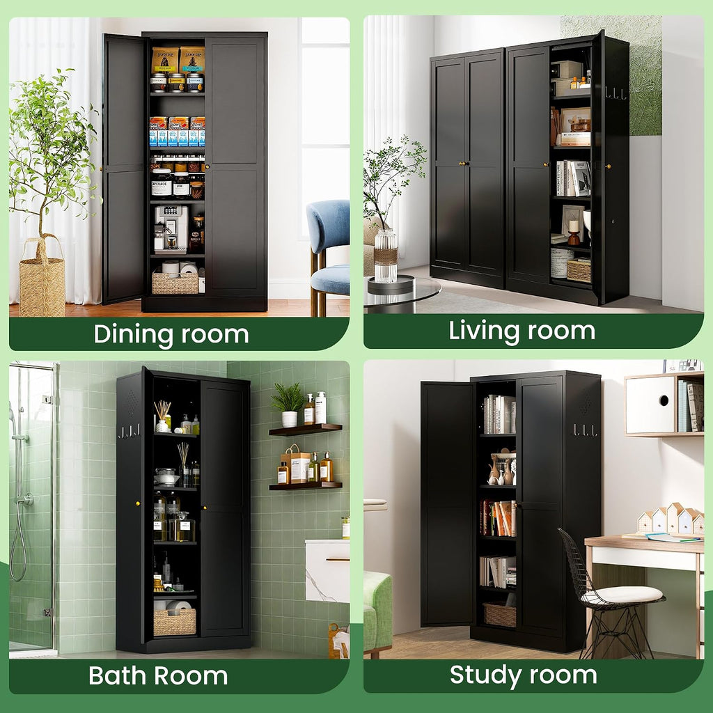 Kitchen Pantry Cabinet,Black Metal Pantry Cabinet with 2 Doors & 4 Adjustable Shelves,61' Farmhouse Utility Storage Cabinet for Living Room,Garage,Basement
