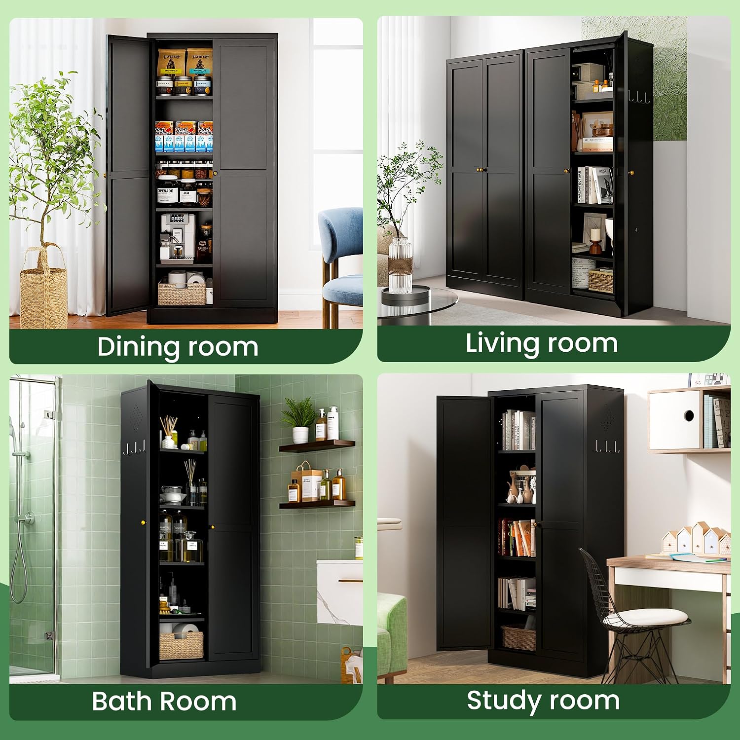 Kitchen Pantry Cabinet,Black Metal Pantry Cabinet with 2 Doors & 4 Adjustable Shelves,61' Farmhouse Utility Storage Cabinet for Living Room,Garage,Basement