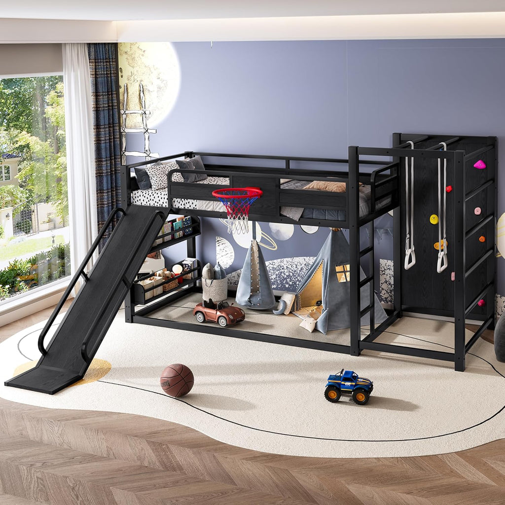 Metal Twin Over Twin Bunk Bed with Slide and Bookshelf, Modern Heavy Duty Bunk Bed with Basketball Hoop, Pull-Up Rings and Climbing Wall, Low Playhouse Loft Bed for Kids, Black