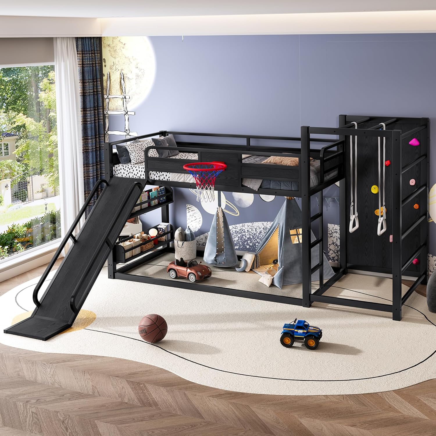 Metal Twin Over Twin Bunk Bed with Slide and Bookshelf, Modern Heavy Duty Bunk Bed with Basketball Hoop, Pull-Up Rings and Climbing Wall, Low Playhouse Loft Bed for Kids, Black