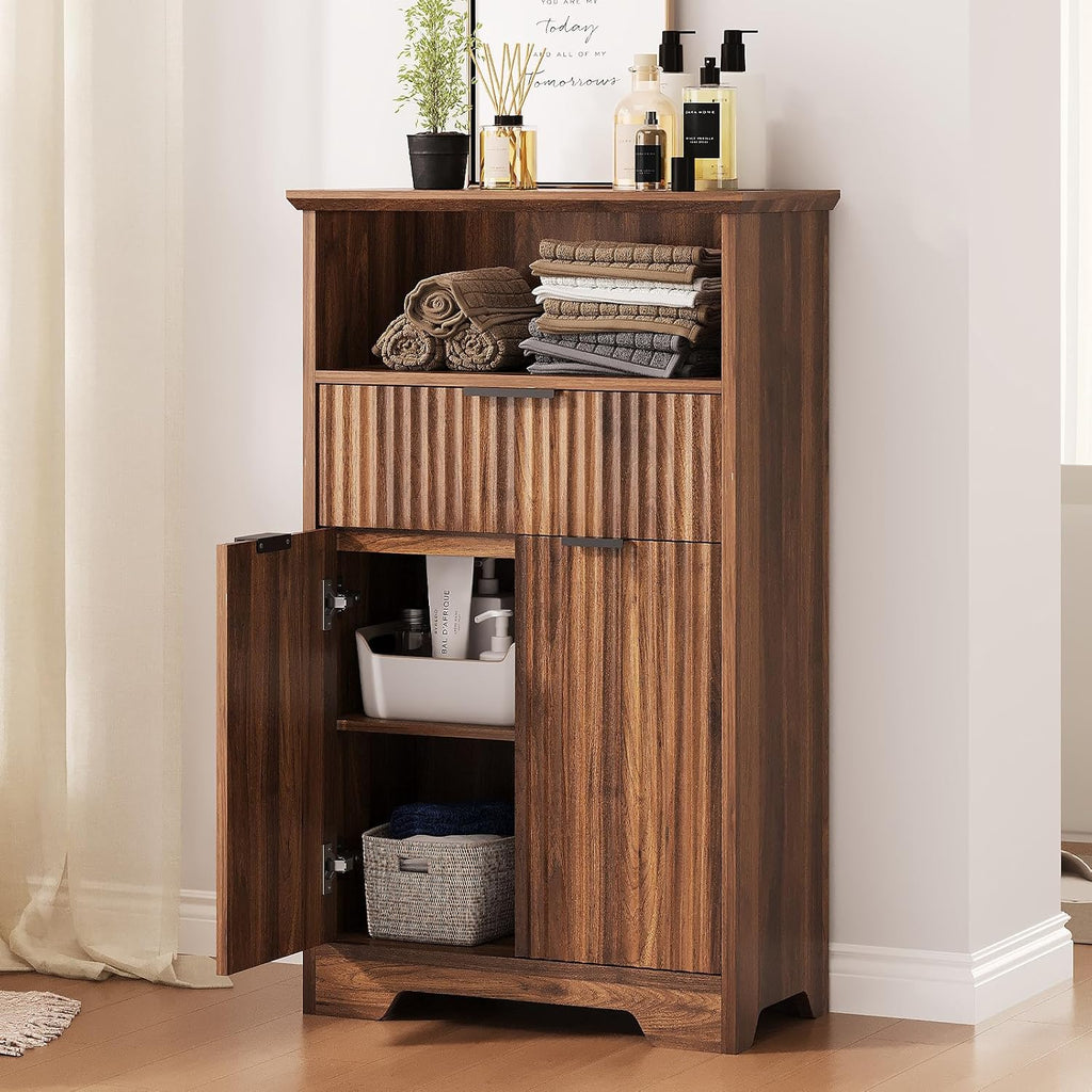 Fluted Buffet Cabinet with Storage, Modern Coffee Bar Cabinet with Drawer & Adjustable Shelf, Wood Sideboard Cabinet for Kitchen, Bathroom, Entryway and Living Room Walnut