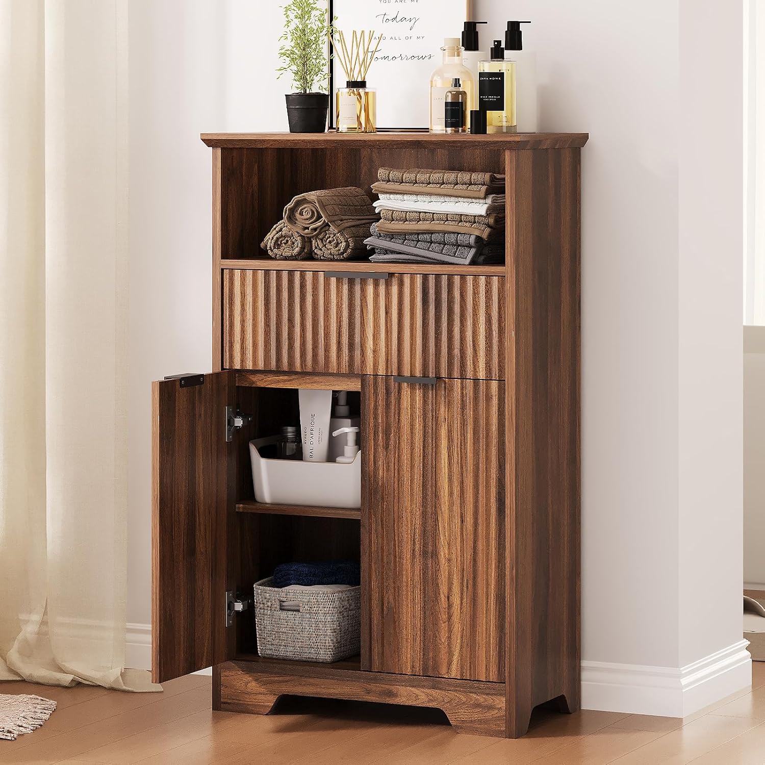 Fluted Buffet Cabinet with Storage, Modern Coffee Bar Cabinet with Drawer & Adjustable Shelf, Wood Sideboard Cabinet for Kitchen, Bathroom, Entryway and Living Room Walnut
