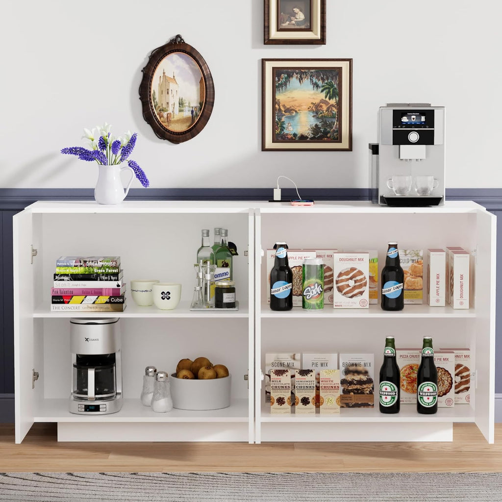 Anbuy White Buffet Cabinet with Lights 57.87'' Sideboard with Storage Coffee Bar with Charging Station Kitchen LED Buffet Cabinet with Doors for Bedroom, Living Room (White)