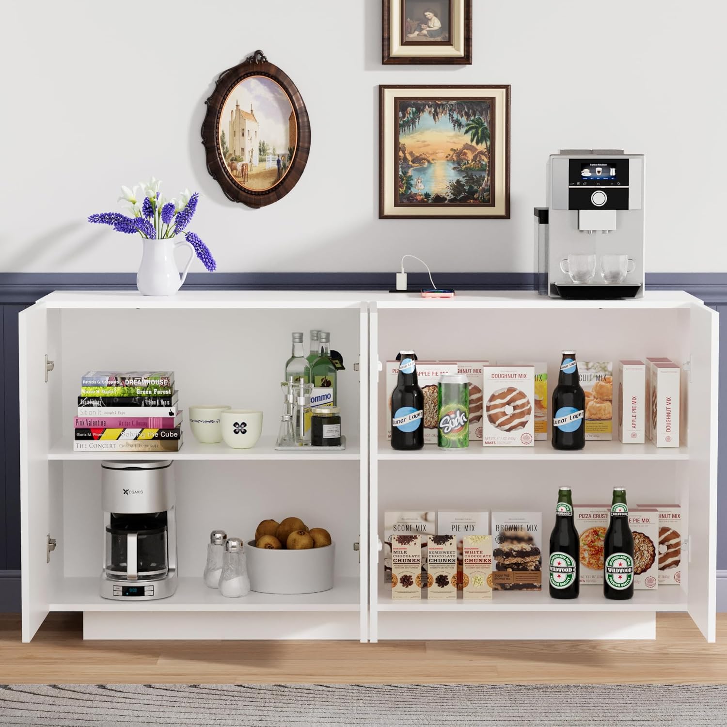 Anbuy White Buffet Cabinet with Lights 57.87'' Sideboard with Storage Coffee Bar with Charging Station Kitchen LED Buffet Cabinet with Doors for Bedroom, Living Room (White)