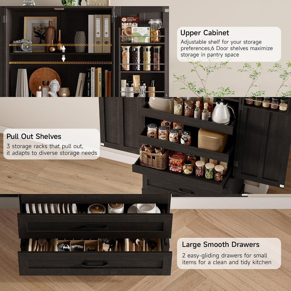 ONBRILL 71' Tall Farmhouse Kitchen Pantry Cabinet with 3 Pull Out Shelves & 2 Large Drawers, Pantry Storage Cabinet with 6 Door Shelf & Adjustable Shelf, Freestanding Cupboard for Kitchen, Dining Room