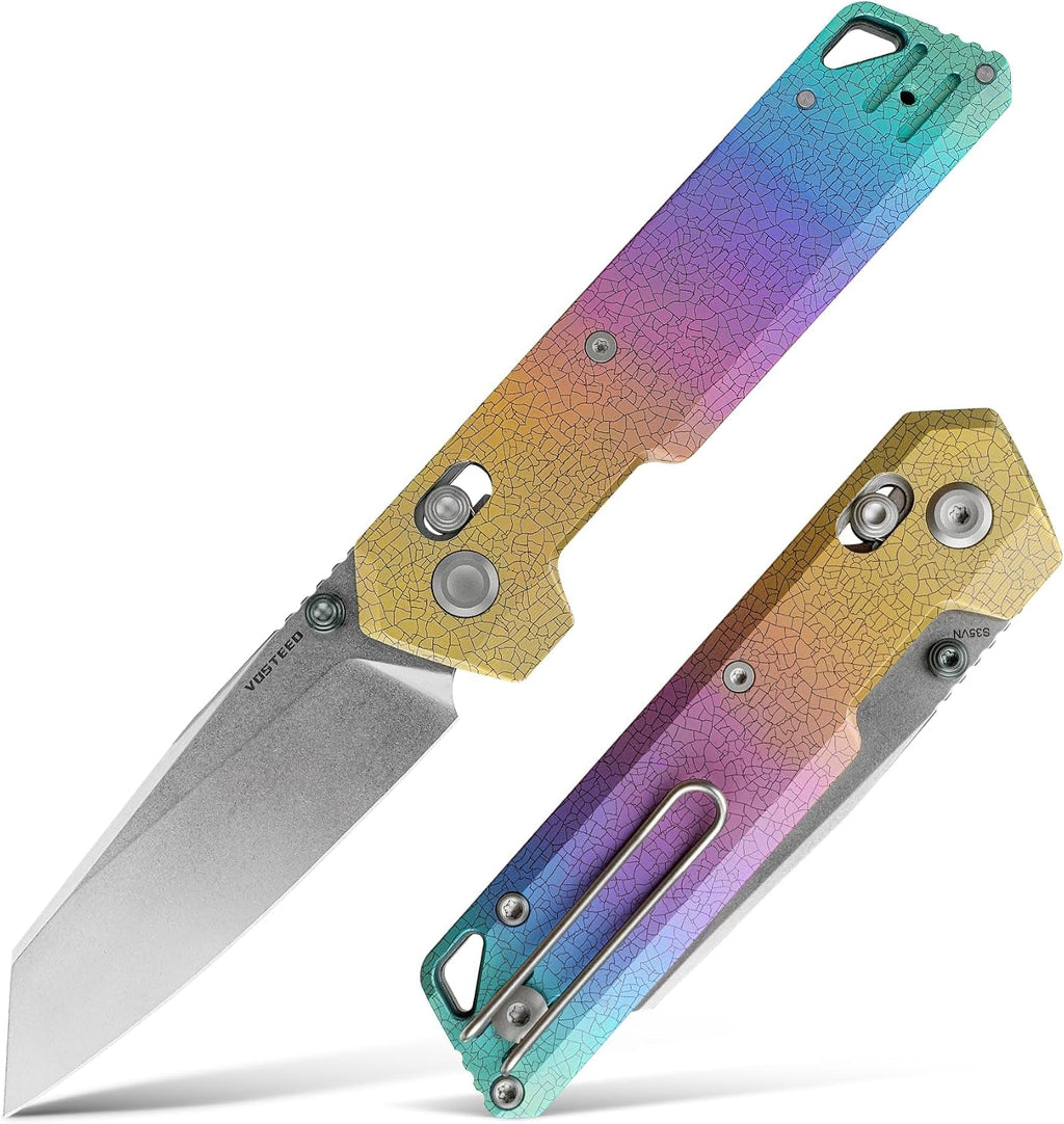 Vosteed Parallel EDC Pocket Knife - 2.90' S35VN Stonewash Blade, Reverse Tanto - Crossbar Lock, Iridescent Crackle Titanium Handle - Camping, Hiking Knives - A3508