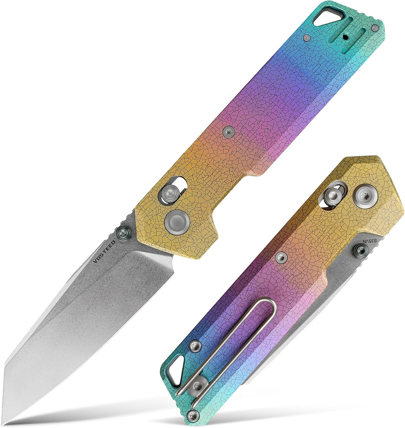 Vosteed Parallel EDC Pocket Knife - 2.90' S35VN Stonewash Blade, Reverse Tanto - Crossbar Lock, Iridescent Crackle Titanium Handle - Camping, Hiking Knives - A3508