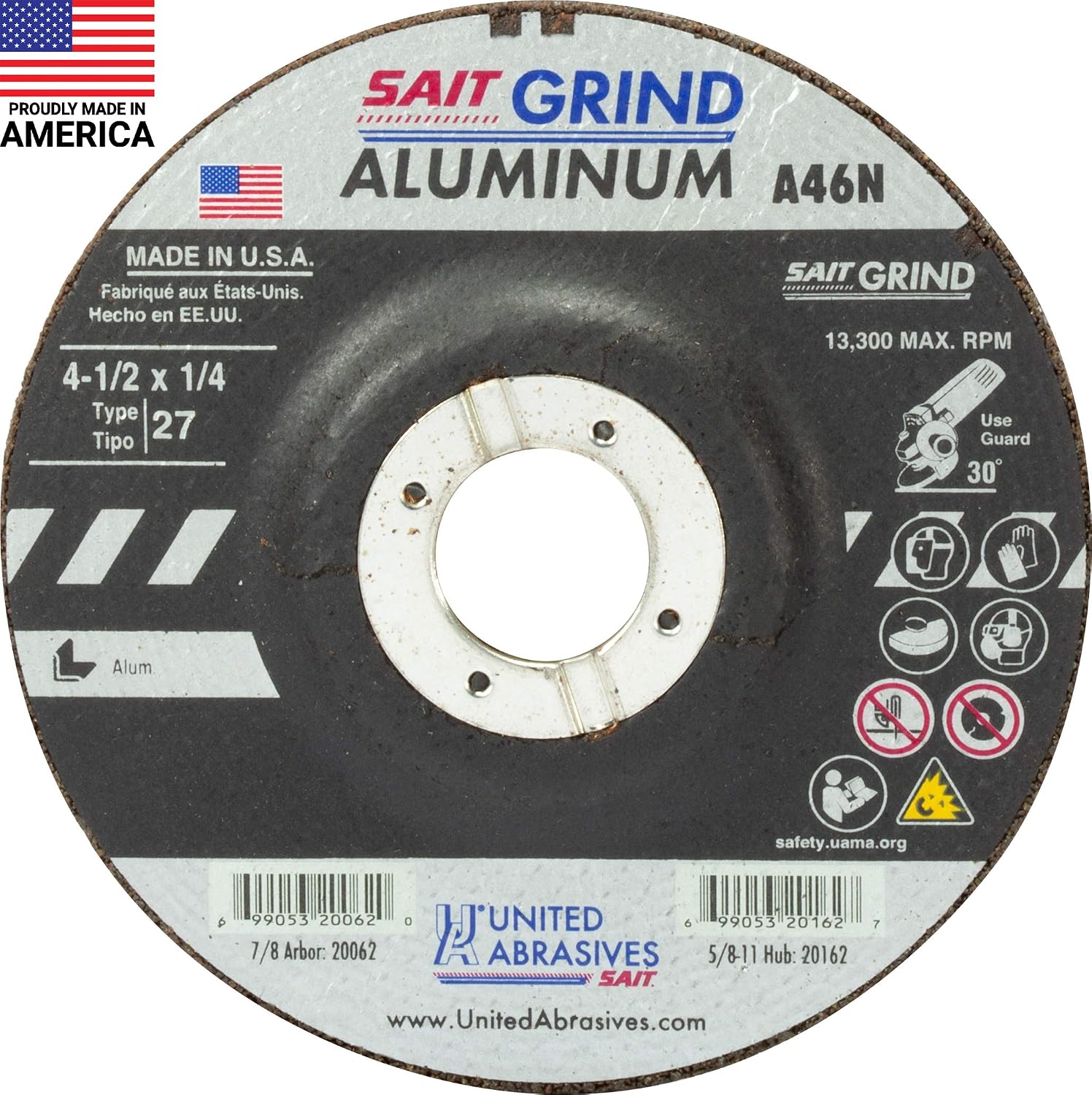 United Abrasives-SAIT 20062 A46N Aluminum Grinding Wheel (Type 27/Depressed Center) 4 1/2' x 1/4' x 7/8', 25-Pack