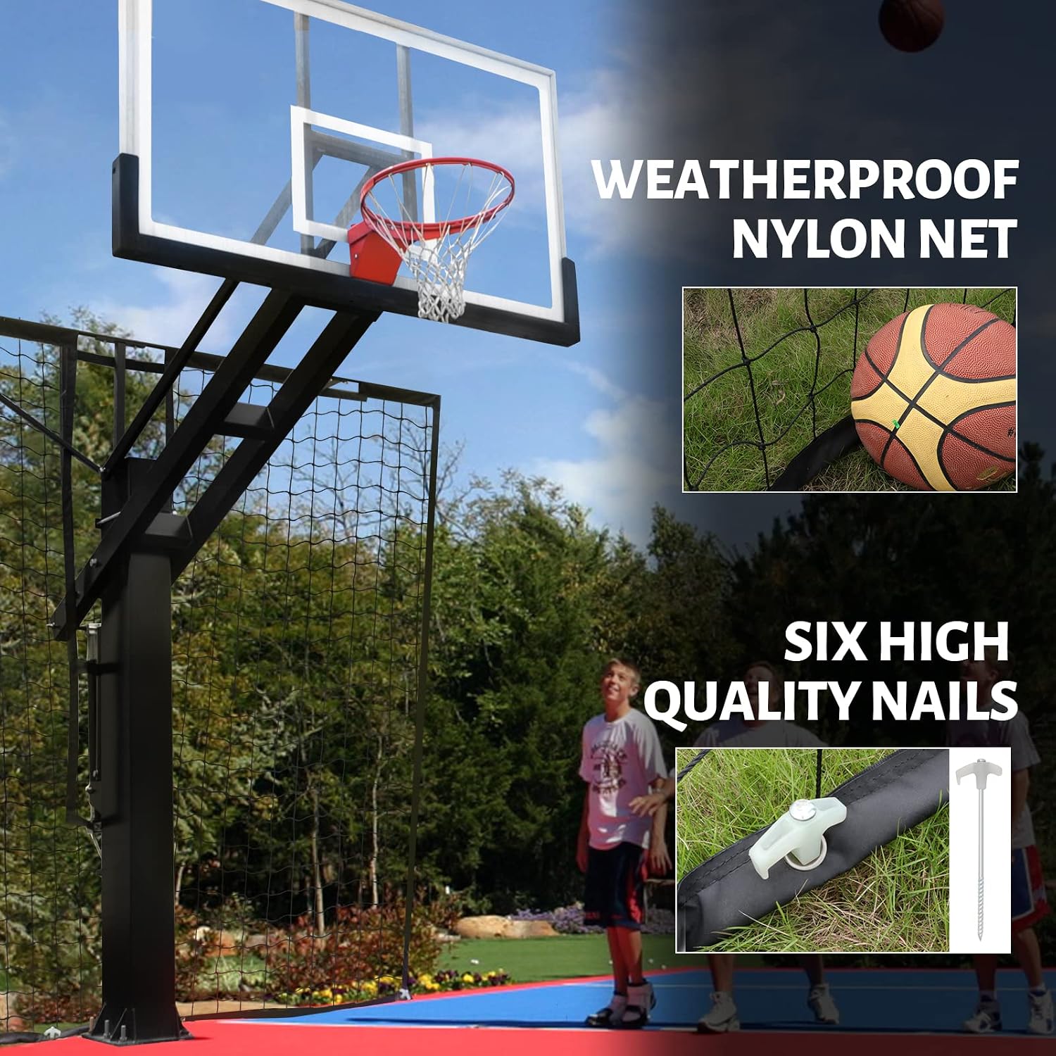 Basketball Yard Guard Defensive Net System - Heavy Duty 12FT x 10FT Rebounder with Foldable Net，Basketball Returns Net Made for Basketball Hoops with a 12'x8', 8'x6', 6'x6' or 5'x5' Main Pole.