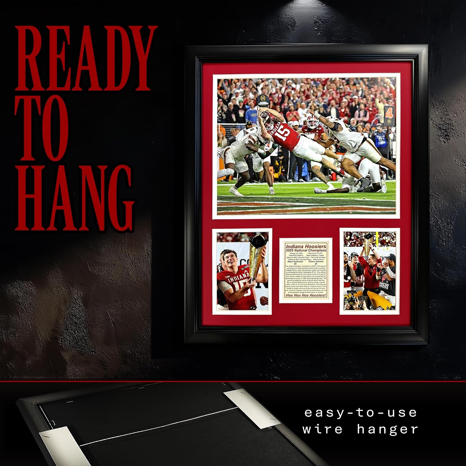 Indiana Hoosiers | 2025 CFP National Champions | Collectible Hoosier Football Memorabilia | Framed Picture & Photo Collage Gift, Man Cave Wall Art, Home & Room Decor | 2 Sizes & 2 Styles (Mendoza Dive, 18'x22')