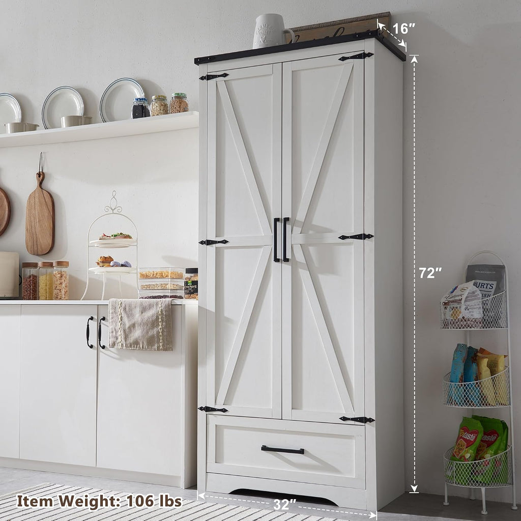 72' Tall Wood Storage Cabinet, Farmhouse Kitchen Pantry Cabinet with Adjustable Shelves & Drawer & Barn Doors, Versatile Storage for Kitchen, Dining Room, Bathroom, Antique White
